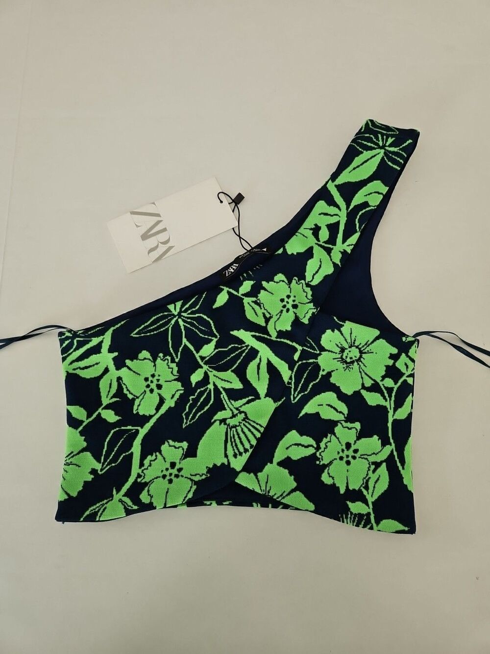 Zara Asymmetrical green Blue Crop Top One Shoulder size S Nwt Tropical Festival